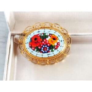 Vintage Floral Bouquet Italian Micro Mosaic Brooch